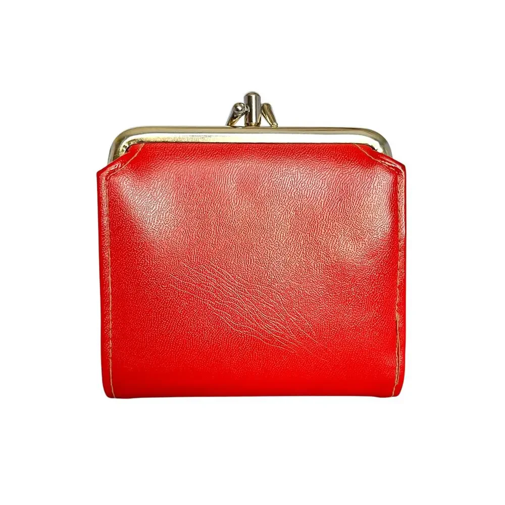 Vintage Red Faux Leather Suede Cutout Compact Kisslock Frame Wallet